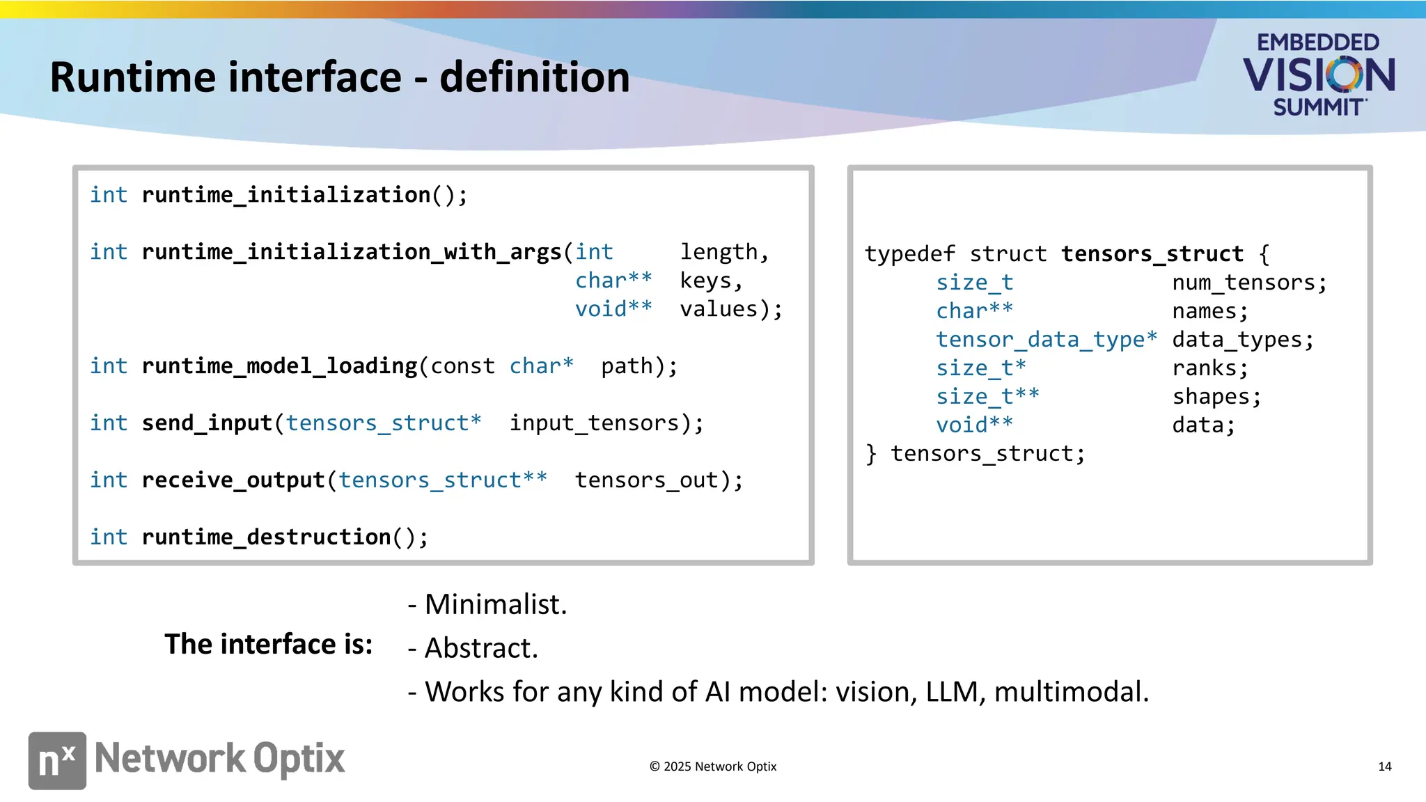 Runtime interface - definition
© 2025 Network Optix 14
int runtime_initialization();
int runtime_initialization_with_args(int length,
char** keys,
void** values);
int runtime_model_loading(const char* path);
int send_input(tensors_struct* input_tensors);
int receive_output(tensors_struct** tensors_out);
int runtime_destruction();
typedef struct tensors_struct {
size_t num_tensors;
char** names;
tensor_data_type* data_types;
size_t* ranks;
size_t** shapes;
void** data;
} tensors_struct;
- Minimalist.
- Abstract.
- Works for any kind of AI model: vision, LLM, multimodal.
The interface is:
 