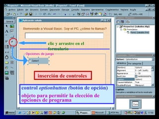 inserción de controles  clic y arrastre en el formulario control  optionbutton ( botón de opción) objeto para permitir la elección de opciones de programa 