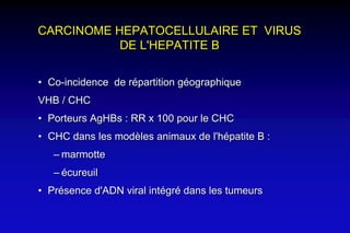 CARCINOME HEPATOCELLULAIRE ET VIRUS
DE L'HEPATITE B
• Co-incidence de répartition géographique
VHB / CHC
• Porteurs AgHBs : RR x 100 pour le CHC
• CHC dans les modèles animaux de l'hépatite B :
– marmotte
– écureuil
• Présence d'ADN viral intégré dans les tumeurs
 