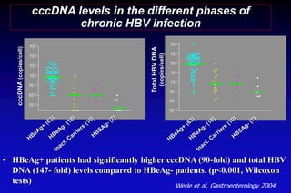 cccDNA(copies/cell)
TotalHBVDNA
(copies/cell)
cccDNA levels in the different phases of
chronic HBV infection
• HBeAg+ patients had significantly higher cccDNA (90-fold) and total HBV
DNA (147- fold) levels compared to HBeAg- patients. (p<0.001, Wilcoxon
tests)
10-3
10-2
10-1
100
101
102
103
104
10-3
10-2
10-1
100
101
102
103
Werle et al, Gastroenterology 2004
 