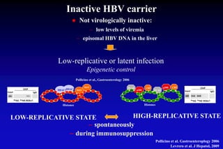 Inactive HBV carrier
● Not virologically inactive:
– low levels of viremia
– episomal HBV DNA in the liver
LOW-REPLICATIVE STATE HIGH-REPLICATIVE STATE
– spontaneously
– during immunosuppression
Low-replicative or latent infection
Epigenetic control
Histones
PCAF
p300 PCAF
p300
Sirt1
Sirt1
HDAC1HDAC1
Histones
Pollicino et al., Gastroenterology 2006
Pollicino et al. Gastroenteroplogy 2006
Levrero et al. J Hepatol, 2009
 