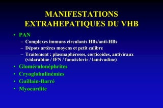 MANIFESTATIONS
EXTRAHEPATIQUES DU VHB
• PAN
– Complexes immuns circulants HBs/anti-HBs
– Dépots artères moyens et petit calibre
– Traitement : plasmaphéreses, corticoides, antiviraux
(vidarabine / IFN / famciclovir / lamivudine)
• Glomérulonéphrites
• Cryoglobulinémies
• Guillain-Barré
• Myocardite
 