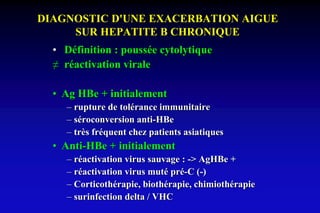 DIAGNOSTIC D'UNE EXACERBATION AIGUE
SUR HEPATITE B CHRONIQUE
• Définition : poussée cytolytique
≠ réactivation virale
• Ag HBe + initialement
– rupture de tolérance immunitaire
– séroconversion anti-HBe
– très fréquent chez patients asiatiques
• Anti-HBe + initialement
– réactivation virus sauvage : -> AgHBe +
– réactivation virus muté pré-C (-)
– Corticothérapie, biothérapie, chimiothérapie
– surinfection delta / VHC
 