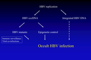 Occult HBV infection
HBV cccDNA Integrated HBV DNA
HBV mutants Epigenetic control
HBV replication
Immune surveillance
Viral co-infections
 
