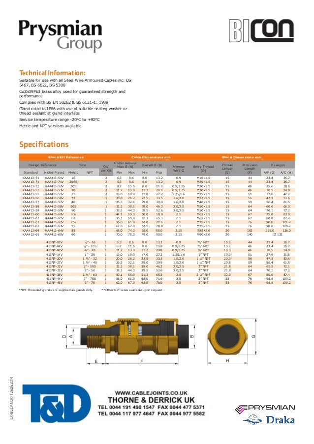 E1W20SSK BICC Brass Cable Gland Kit (Prysmian KAA41371) 8.013.2mm