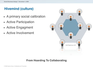 Social Business Design | November 4, 2009




Hivemind (culture)

- A primary social calibration
- Active Participation
- Active Engagment
- Active Involvement
                                                                            dachisgroup.com




                                               From Hoarding To Collaborating

® 2009 Dachis Group. Conﬁdential and Proprietary
 