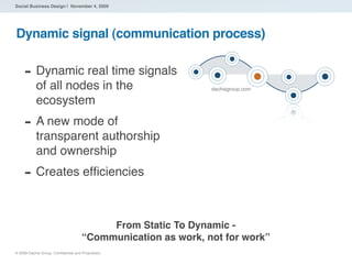 Social Business Design | November 4, 2009




Dynamic signal (communication process)


     - Dynamic real time signals
           of all nodes in the                                dachisgroup.com

           ecosystem
     - A new mode of
           transparent authorship
           and ownership
     - Creates efﬁciencies

                                          From Static To Dynamic -
                                     “Communication as work, not for work”
® 2009 Dachis Group. Conﬁdential and Proprietary
 