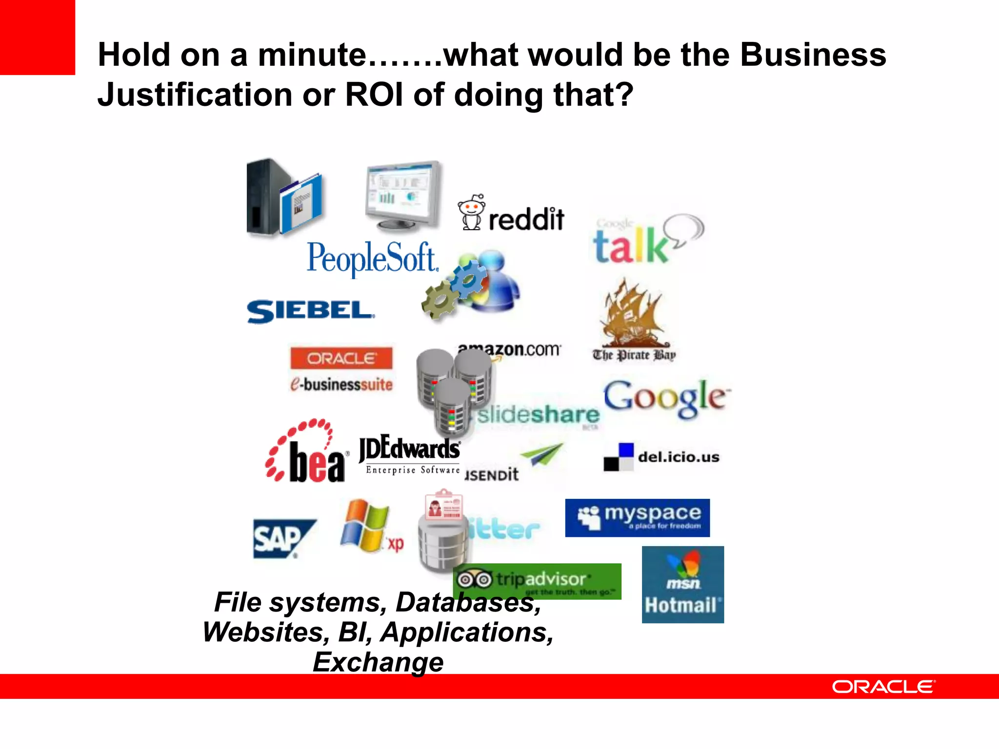 File systems, Databases,
Websites, BI, Applications,
Exchange
Hold on a minute…….what would be the Business
Justification or ROI of doing that?
 