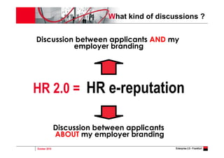 October 2010 Enterprise 2.0 - Frankfurt
HR 2.0 = HR e-reputation
Discussion between applicants AND my
employer branding
Discussion between applicants
ABOUT my employer branding
What kind of discussions ?
 