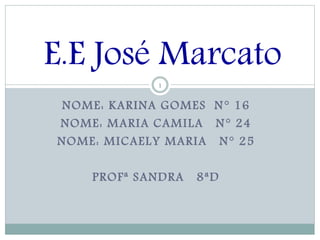 NOME: KARINA GOMES N° 16
NOME: MARIA CAMILA N° 24
NOME: MICAELY MARIA N° 25
PROFª SANDRA 8ªD
1
E.E José Marcato
 