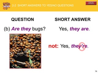 14
QUESTION SHORT ANSWER
(b) Are they bugs? Yes, they are.
Yes, they’re.not:
2-2 SHORT ANSWERS TO YES/NO QUESTIONS
 
