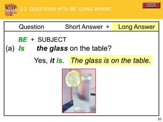 20
+ Long AnswerQuestion Short Answer
BE + SUBJECT
(a) Is the glass on the table?
The glass is on the table.Yes, it is.
2-3 QUESTIONS WITH BE: USING WHERE
 