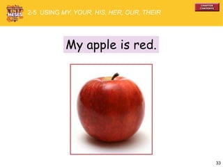 33
My apple is red.
2-5 USING MY, YOUR, HIS, HER, OUR, THEIR
 