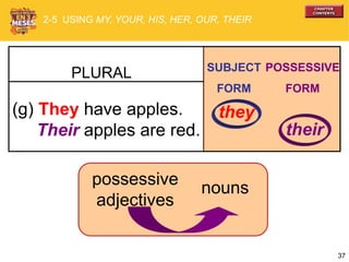 37
(g) They have apples.
Their apples are red.
PLURAL SUBJECT
FORM
POSSESSIVE
FORM
2-5 USING MY, YOUR, HIS, HER, OUR, THEIR
they
their
nouns
possessive
adjectives
 