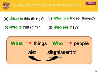 64
is singular wordplural wordare
(a) What is this (thing)?
(b) Who is that (girl)?
(c) What are those (things)?
(d) Who are they?
Who peopleWhat things
2-8 ASKING QUESTIONS WITH WHAT AND WHO + BE
 
