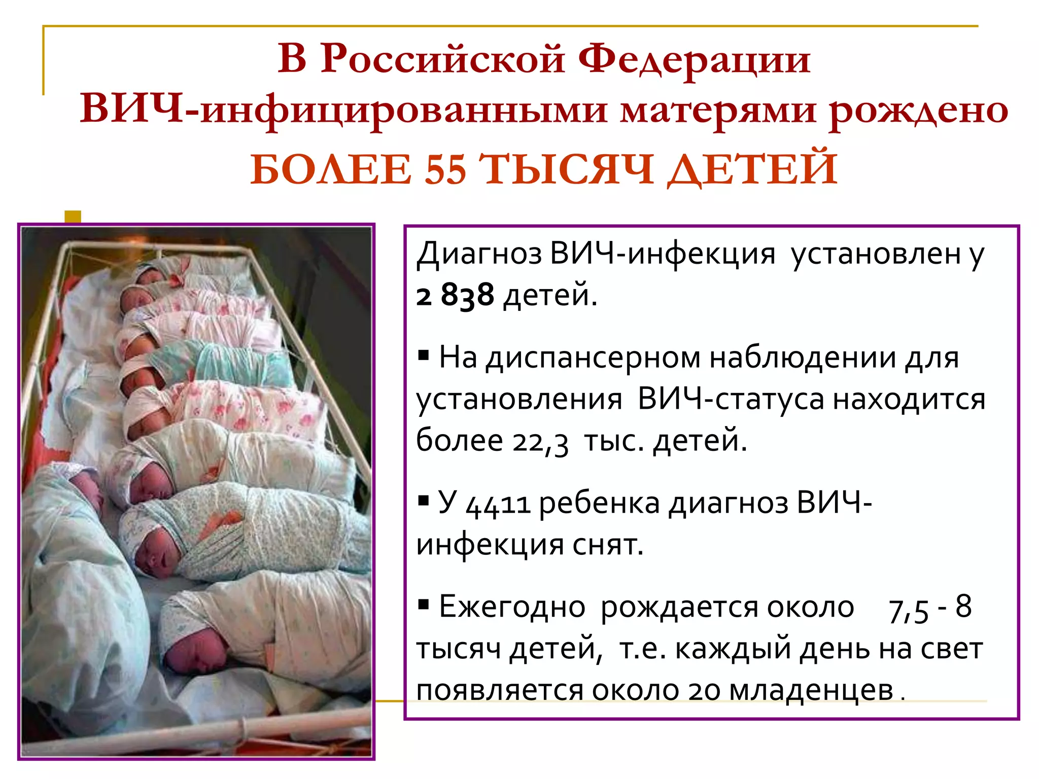В Российской Федерации
ВИЧ-инфицированными матерями рождено
БОЛЕЕ 55 ТЫСЯЧ ДЕТЕЙ

Диагноз ВИЧ-инфекция установлен у
2 838 детей.
 На диспансерном наблюдении для
установления ВИЧ-статуса находится
более 22,3 тыс. детей.
 У 4411 ребенка диагноз ВИЧ-
инфекция снят.
 Ежегодно рождается около 7,5 - 8
тысяч детей, т.е. каждый день на свет
появляется около 20 младенцев .
 