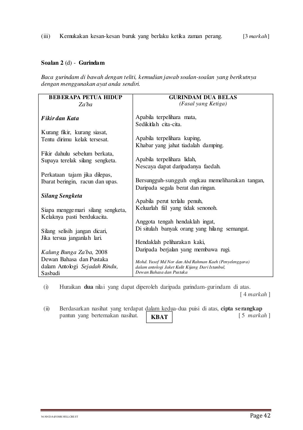 Soalan Peperiksaan Bahasa Melayu Tingkatan 5 kertas 2