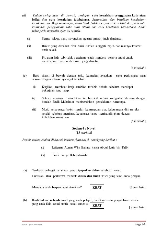 Soalan Peperiksaan Bahasa Melayu Tingkatan 5 kertas 2