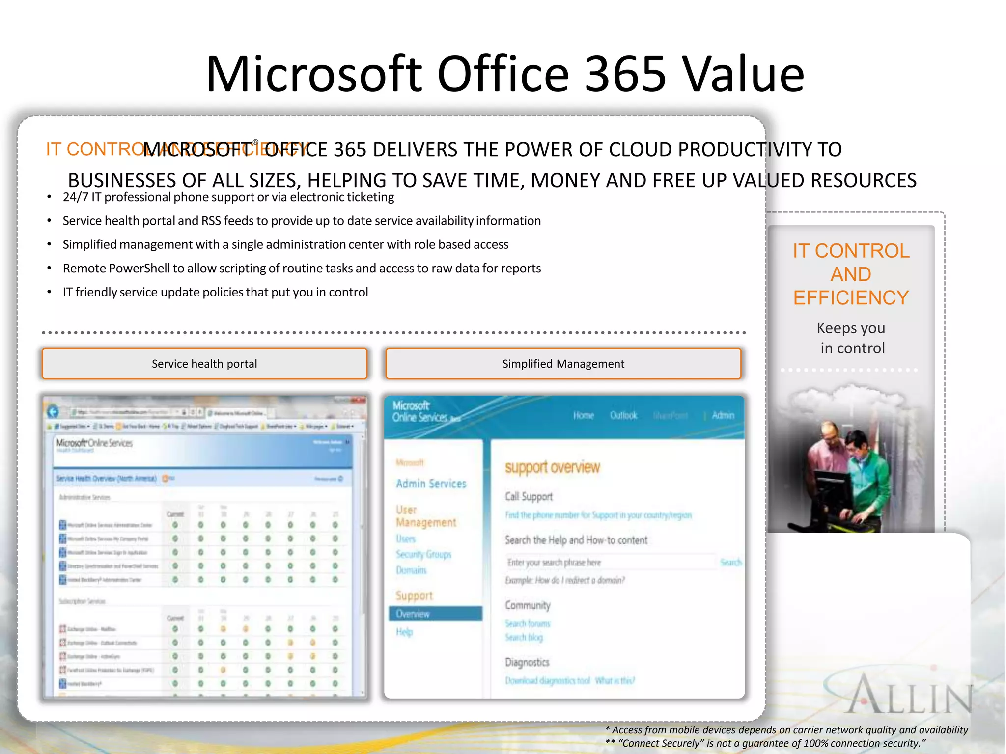 Microsoft Office 365 Value




#SPCloud @RHarbridge
                               * Access from mobile devices depends on carrier network quality and availability
                               ** “Connect Securely” is not a guarantee of 100% connection security.”
 