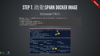docker	run	-v	$HOME/docker/spark/e2spkv01:/e2spkv01:rw	
-p	8080:8080	
--name	e2spks03-zeppelin	
--link	e2spks03-mysql:mysql	
-d	dylanmei/zeppelin
3 . 9
 