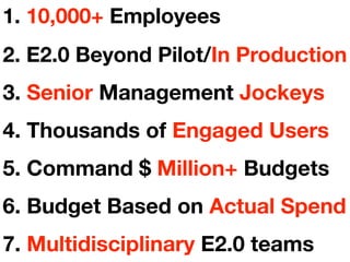 1. 10,000+ Employees
2. E2.0 Beyond Pilot/In Production
3. Senior Management Jockeys
4. Thousands of Engaged Users
5. Comm...