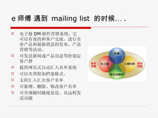 e ʦ     mailing list  ʱ . ӱ DM ʼӪϵͳЧĺͿͻй˾ϢķӪȻ ɷŻѶϢȸƶͻȺ ṩҳʽԶϵͳ Լдӵʽ ֻ֧ͻ ɾ޸Ŀͻ ȫʱطͣԶ̷͹ 
