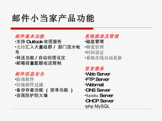 ʼС ﹦ ϵͳ ̹ Ƶ ʱ趨 ϵͳԶ  Web Server  FTP Server Webmail   DNS Server Samba  Server  DHCP Server php MySQL  ʼ ֧ Outlook ŷ ֧ Ⱥ /  ˮʺ ת͹ / Զ趨  ʼϢȫ  ʼ ݴ鹦   (  ¼   ) ҷǽ 