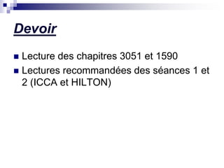 Devoir
 Lecture des chapitres 3051 et 1590
 Lectures recommandées des séances 1 et
2 (ICCA et HILTON)
 