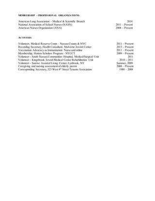 MEMBERSHIP – PROFESSIONAL ORGANIZATIONS 
American Lung Association – Medical & Scientific Branch 2014 
National Association of School Nurses (NASN) 2011 – Present 
American Nurses Organization (ANA) 2008 – Present 
ACTIVITIES 
Volunteer, Medical Reserve Corps – Nassau County & NYC 2011 – Present 
Recording Secretary, Health Consultant, Malverne Jewish Center 2013 – Present 
Vaccination Advocacy as Immunization Nurse and online 2011 – Present 
Membership, Honors Scholars Program – NYCCT 2009 – Present 
Volunteer - South Nassau Communities Hospital, Medical/Surgical Unit 2011 
Volunteer - Kingsbrook Jewish Medical Center Rehabilitation Unit 2010 – 2011 
Volunteer - Sunrise Assisted Living Center, Lynbrook, NY Summer, 2009 
Caregiving and nursing assessment of elderly parent 2008 – Present 
Corresponding Secretary, 323 West 4th Street Tenants Association 1980 – 2008 
