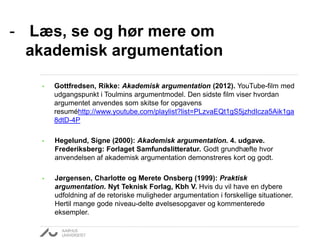 - Læs, se og hør mere om 
akademisk argumentation 
• Gottfredsen, Rikke: Akademisk argumentation (2012). YouTube-film med 
udgangspunkt i Toulmins argumentmodel. Den sidste film viser hvordan 
argumentet anvendes som skitse for opgavens 
resuméhttp://www.youtube.com/playlist?list=PLzvaEQt1gS5jzhdIcza5Aik1ga 
8dtD-4P 
• Hegelund, Signe (2000): Akademisk argumentation. 4. udgave. 
Frederiksberg: Forlaget Samfundslitteratur. Godt grundhæfte hvor 
anvendelsen af akademisk argumentation demonstreres kort og godt. 
• Jørgensen, Charlotte og Merete Onsberg (1999): Praktisk 
argumentation. Nyt Teknisk Forlag, Kbh V. Hvis du vil have en dybere 
udfoldning af de retoriske muligheder argumentation i forskellige situationer. 
Hertil mange gode niveau-delte øvelsesopgaver og kommenterede 
eksempler. 
 