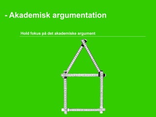 - Akademisk argumentation 
Hold fokus på det akademiske argument 
 
