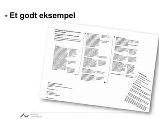 - Et godt eksempel 
Problemformulering og hypotese (Lilla) 
Teori og metode (Gul) 
Analyse (Grøn) 
Diskussion (Orange) 
Nyt til det mundtlige oplæg (Pink) 
Empiri (Blå) 
 