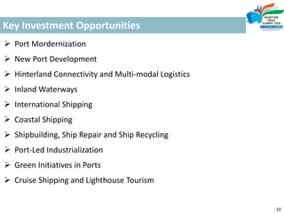 Key Investment Opportunities
10
 Port Mordernization
 New Port Development
 Hinterland Connectivity and Multi-modal Logistics
 Inland Waterways
 International Shipping
 Coastal Shipping
 Shipbuilding, Ship Repair and Ship Recycling
 Port-Led Industrialization
 Green Initiatives in Ports
 Cruise Shipping and Lighthouse Tourism
 