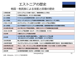 　　
出典：Wikipedia、エストニア政府資料等
エストニアの歴史
他国・他民族による支配と回復の歴史
www.jeeadis.jp 11
13世紀以前 エストニアとしての統一はなく、地域共同体として存立
12-13世紀 十字軍が派遣され、キリスト教化が進展
13-19世紀 ドイツ人による支配時代が続く エストニア人の「闇の時代」
16-17世紀 スウェーデンがエストニア北部の支配権を掌握 「良きスウェーデン時代」
1700-1721年 ロシアとスウェーデンの間で大北方戦争 エストニア全土が戦場に
18-19世紀 ロシアの統治下でエストニア人の権利が制限、民族意識が高まり文化活動が活発化
1918年2月24日 1917年にロシア革命が勃発し、翌年にエストニア共和国の独立を宣言
1918-1919年 エストニア独立戦争（ロシア、イギリス等連合国、ドイツ）
1920年 ソ連がエストニアの独立を承認
1940年
1939年に第二次世界大戦が勃発し、ソ連がエストニアを占領
多くのエストニア人が処刑、ロシア収容所・シベリア送りに
1945年以降 第二次世界大戦後にソ連に再併合され、ロシア人の流入が進む
1980年代後半 ゴルバチョフのペレストロイカ政策、ベルリンの壁崩壊等の影響で民主化・独立の機運が高まる
1989年8月23日 タリン、リガ、ヴィリニュスを人間の鎖で結ぶ運動「バルトの道」に100万人が参加
1991年9月6日 ソ連がバルト3国の独立回復を承認し、国連に加盟
2004年 北大西洋条約機構（NATO）と欧州連合（EU）に加盟
 
