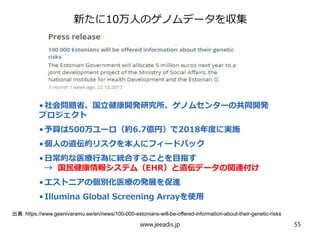 新たに10万人のゲノムデータを収集
•社会問題省、国立健康開発研究所、ゲノムセンターの共同開発
プロジェクト
•予算は500万ユーロ（約6.7億円）で2018年度に実施
•個人の遺伝的リスクを本人にフィードバック
•日常的な医療行為に統合することを目指す
→ 国民健康情報システム（EHR）と遺伝データの関連付け
•エストニアの個別化医療の発展を促進
•Illumina Global Screening Arrayを使用
出典：https://www.geenivaramu.ee/en/news/100-000-estonians-will-be-offered-information-about-their-genetic-risks
www.jeeadis.jp 55
 