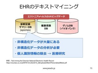 EHRのテキストマイニング
www.jeeadis.jp 73
診断記録
サマリーDB
(epicrisis)
健康保険
DB
ゲノムDB
（バイオバンク）
・非構造化データが大量にある
・非構造化データの分析が必要
・個人識別情報の除去 → 医療研究
参照：Text-mining the Estonian National Electronic Health Record
https://courses.cs.ut.ee/MTAT.03.242/2015_fall/uploads/Main/PersonalisedMeds.pdf
エストニアeヘルスの3大ビッグデータ
 