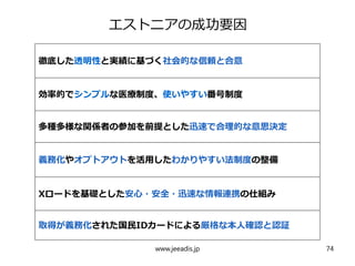 エストニアの成功要因
徹底した透明性と実績に基づく社会的な信頼と合意
効率的でシンプルな医療制度、使いやすい番号制度
多種多様な関係者の参加を前提とした迅速で合理的な意思決定
義務化やオプトアウトを活用したわかりやすい法制度の整備
Xロードを基礎とした安心・安全・迅速な情報連携の仕組み
取得が義務化された国民IDカードによる厳格な本人確認と認証
www.jeeadis.jp 74
 