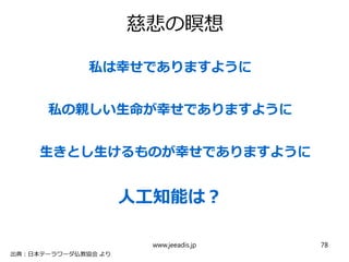 慈悲の瞑想
私は幸せでありますように
私の親しい生命が幸せでありますように
生きとし生けるものが幸せでありますように
人工知能は？
出典：日本テーラワーダ仏教協会 より
www.jeeadis.jp 78
 