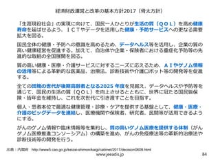 経済財政運営と改革の基本方針2017（骨太方針）
出典：内閣府 http://www5.cao.go.jp/keizai-shimon/kaigi/cabinet/2017/decision0609.html
「生涯現役社会」の実現に向けて、国民一人ひとりが生活の質（ＱＯＬ）を高め健康
寿命を延ばせるよう、ＩＣＴやデータを活用した健康・予防サービスへの更なる需要
拡大を図る。
国民全体の健康・予防への意識を高めるため、データヘルス等を活用し、企業の質の
高い健康経営を促進する。加えて、自治体や企業・保険者における重症化予防等の先
進的な取組の全国展開を図る。
質の高い健康・医療・介護サービスに対するニーズに応えるため、ＡＩやゲノム情報
の活用等による革新的な医薬品、治療法、診断技術や介護ロボット等の開発等を促進
する。
全ての団塊の世代が後期高齢者となる2025 年度を見据え、データヘルスや予防等を
通じて、国民の生活の質（ＱＯＬ）を向上させるとともに、世界に冠たる国民皆保
険・皆年金を維持し、これを次世代に引き渡すことを目指す。
個人・患者本位で最適な健康管理・診療・ケアを提供する基盤として、健康・医療・
介護のビッグデータを連結し、医療機関や保険者、研究者、民間等が活用できるよう
にする。
がんのゲノム情報や臨床情報等を集約し、質の高いゲノム医療を提供する体制（がん
ゲノム医療推進コンソーシアム）の構築を進め、がんの免疫療法等の革新的治療法や
診断技術等の開発を行う。
www.jeeadis.jp 84
 