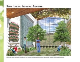 2nd Level: Indoor Atrium:
Plants are used for hands-on therapy and provide biological proximity to nature that relieves psychological stress.
 