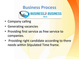 Business Process
B2B
• Company calling
• Generating vacancies
• Providing first service as free service to
companies.
• Providing right candidate according to there
needs within Stipulated Time frame.
HLC
 