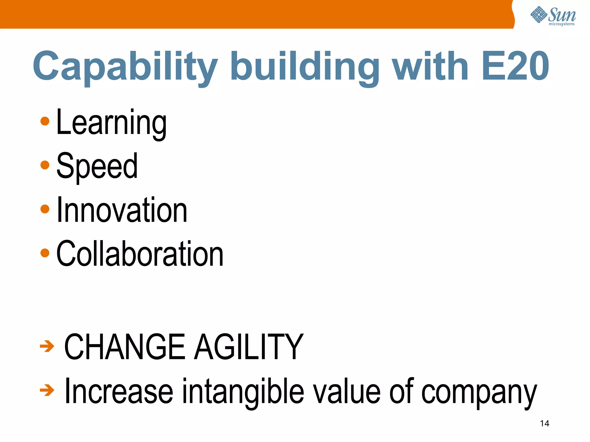 Capability building with E20
• Learning
• Speed
• Innovation
• Collaboration

➔ CHANGE AGILITY
➔ Increase intangible value of company
                                         14
 