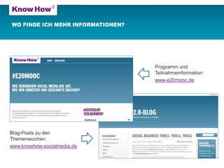 WO FINDE ICH MEHR INFORMATIONEN?
Programm und
Teilnahmeinformation:
www.e20mooc.de
Blog-Posts zu den
Themenwochen:
www.kno...