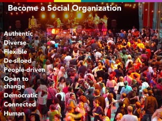 Become a Social Organization
Authentic
Diverse
Flexible
De-siloed
People-driven
Open to
change
Democratic
Connected
Human

 