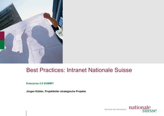 Best Practices: Intrane Nationale Suisse
                      et

Enterprise 2.0 SUMMIT


Jürgen Kübler, Projektleiter strategische Proje
                                              ekte
 