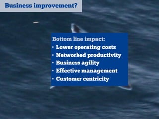 Business improvement?
Bottom line impact:
• Lower operating costs
• Networked productivity
• Business agility
• Effective ...
