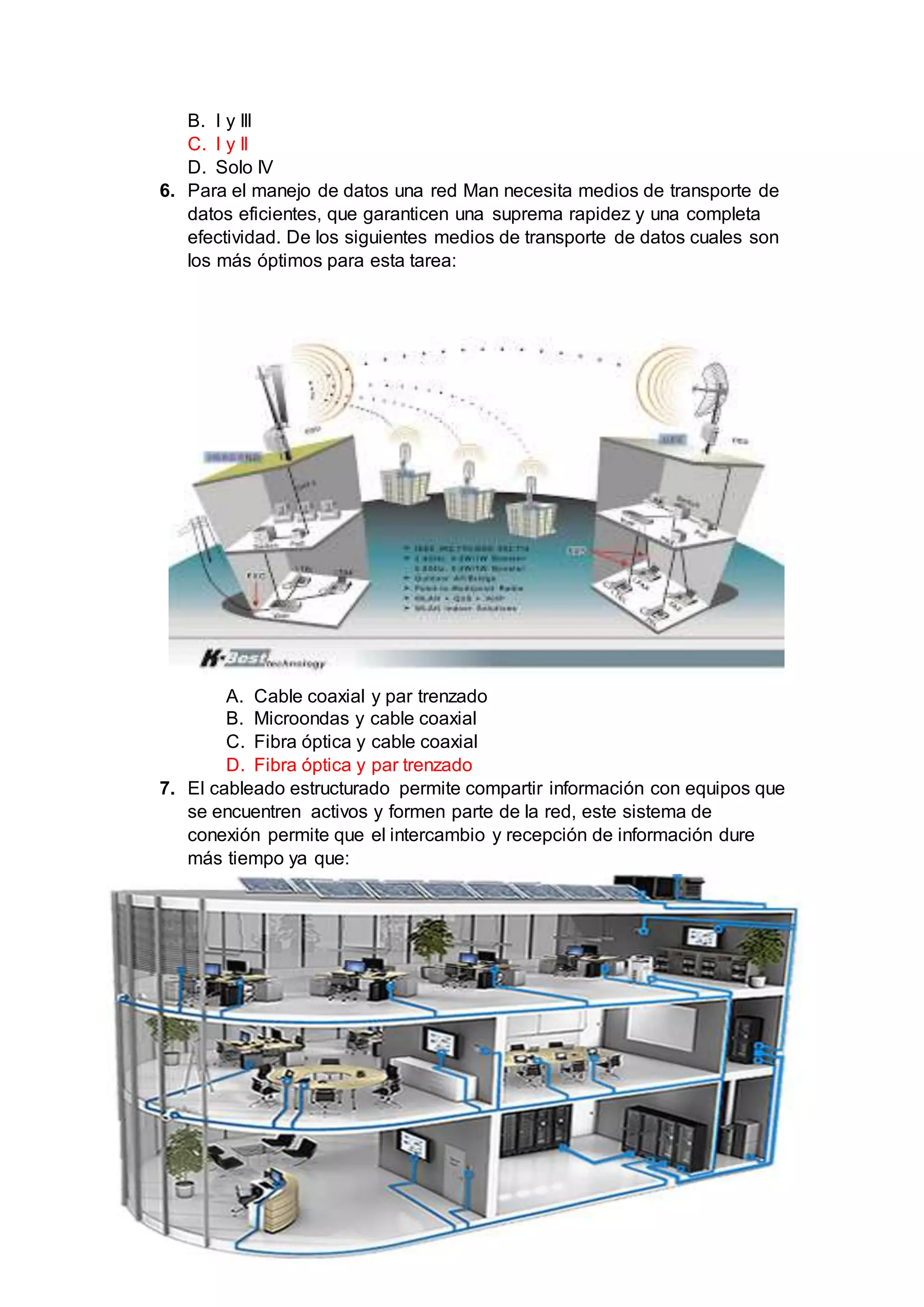 B. I y III
C. I y II
D. Solo IV
6. Para el manejo de datos una red Man necesita medios de transporte de
datos eficientes, que garanticen una suprema rapidez y una completa
efectividad. De los siguientes medios de transporte de datos cuales son
los más óptimos para esta tarea:
A. Cable coaxial y par trenzado
B. Microondas y cable coaxial
C. Fibra óptica y cable coaxial
D. Fibra óptica y par trenzado
7. El cableado estructurado permite compartir información con equipos que
se encuentren activos y formen parte de la red, este sistema de
conexión permite que el intercambio y recepción de información dure
más tiempo ya que:
 