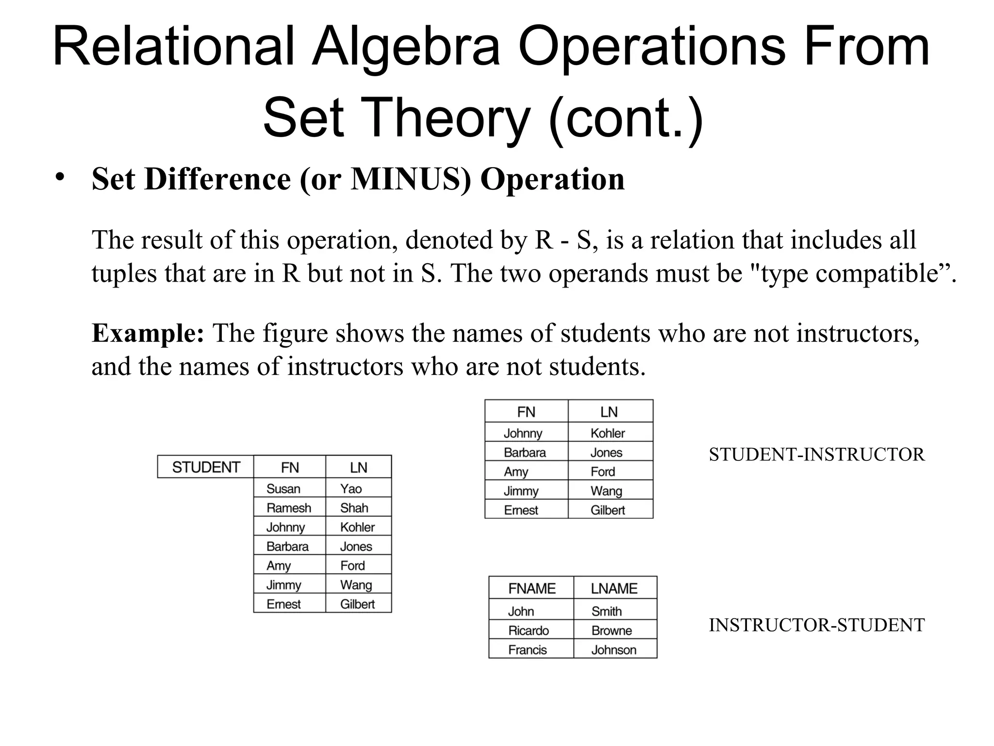 Relational Algebra Operations From
        Set Theory (cont.)
• Set Difference (or MINUS) Operation
  The result of this operation, denoted by R - S, is a relation that includes all
  tuples that are in R but not in S. The two operands must be "type compatible”.

  Example: The figure shows the names of students who are not instructors,
  and the names of instructors who are not students.


                                                          STUDENT-INSTRUCTOR




                                                          INSTRUCTOR-STUDENT
 