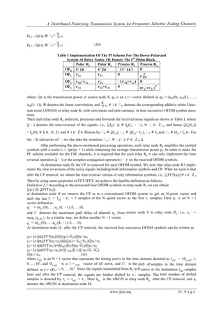 A Distributed Polarizing Transmission System for Frequency Selective Fading Channels
www.ijesi.org 35 | P a g e
rˇk2 =√pt ŭ2 ⊛ ₓk + ⊻
n k2
rˇk3 =√pt ŭ1 ⊛ ₓk + ⊻
n k3 (10)
Table I Implementation Of The Pf Scheme For The Down-Polarized
System At Relay Nodes. Ofi Denote The Ith
Ofdm Block.
Polar R1 Polar R1 Process R1 Process R2
OF0 rˇ10 rˇ20 ˇ(rˇ10 ) 0
OF1 rˇ11 rˇ21 0
rˇ
*
21
OF2 rˇ10+rˇ12 rˇ22 ˇ(rˇ10+rˇ12) 0
OF3 rˇ13 rˇ23+rˇ21 0 (rˇ23+rˇ21)*
where √pt is the transmission power at source node S, υk is an L×1 vector defined as υk = (αsk(0), αsk(1), … ,
αsk(L−1)), ⊛ denotes the linear convolution, and
⊻
n ki, ∀ i ∈ 4, denotes the corresponding additive white Gaus-
sian noise (AWGN) at relay node Rk with zero-mean and unit-variance, in four successive OFDM symbol dura-
tions.
Then each relay node Rk polarizes, processes and forwards the received noisy signals as shown in Table I, where
ζ(・) denotes the time-reversal of the signals, i.e., ζ(rˇki(ₓ)) ≜ rˇki(Ls − ₓ), ∀ ₓ ∈ ℤLs, and hence ζ(rˇki(Ls))
= rˇki(0), ∀ k ∈ {1, 2} and ∀ i ∈ ℤ4. Denote by ₓ0 ≜ ζ(rˇ10), ₓ1 ≜ ζ(rˇ10+ rˇ12), ₓ2 ≜ rˇ21and ₓ3 ≜ (rˇ21+ rˇ23)∗. For
the ₓth subcarrier of ₓi we also take the notations ₓi,ₓ≜ ₓi(ₓ), ∀ ∈ ℤN.Δ
After performing the above-mentioned processing operations, each relay node Rk amplifies the yielded
symbols with a scalar λ = √pr/(pt + 1) while remaining the average transmission power pr. In order to make the
PF scheme available for the FSF channels, it is required that for each relay Rk it can only implement the time
reversal operation ζ(・) or the complex conjugation operation (・)∗ on the received OFDM symbols.
At destination node D, the CP is removed for each OFDM symbol. We note that relay node R1 imple-
ments the time reversions of the noisy signals including both information symbols and CP. What we need is that
after the CP removal, we obtain the time reversal version of only information symbols, i.e., ζ(FFT(ui)),∀ i ∈ ℤ4.
Then by using some properties of FFT/IFFT, we achieve the feasible definition as follows.
Definition 2.1 According to the processed four OFDM symbols at relay node R1 we can obtain
ζ(υ′
1) ⊛ ζ(FFT(ui))
at destination node if we remove the CP as in a conventional OFDM system to get an N-point vector and
shift the last τ′
1
= lcp − τ1 + 1 samples of the N -point vector as the first τ′
1
samples. Here υ′
1
is an N × 1
vector defined as
υ′
1
= (αs1 (0), … , αs1 (L −1), 0, … , 0),
and τ ′
1 denotes the maximum path delay of channel υ1 from source node S to relay node R1, i.e., τ1 =
maxl{τl,s1 }. In a similar way, we define another N ×1 vector
κ′
1
= (αr1(0),… , αr1(L −1), 0, … , 0).
At destination node D, after the CP removal, the received four successive OFDM symbols can be written as
y0= λ(√ptζ(FFT(u0))⊛ζ(υ′
1)+n¯10)⊛κ′
1+n0
y1= λ(√ptζ(FFT(u0+u2))⊛ζ(υ′
1)+ n¯10+n¯12)⊛κ′
1+n1
y2= λ(√pt(FFT(u1))∗⊛tsd2⊛t′
1⊛υ′
2+n¯*
21)⊛κ′
2+n2
y3= λ(√pt(FFT(u3+u1))∗⊛ tsd2⊛ t′
1⊛ υ′
2+n¯*
21+n¯*
23)
⊛κ′
2+ n3, (11)
where tsd2 is an N × 1 vector that represents the timing errors in the time domain denoted as tsd2 = (0τ,sd2, 1,
0, … , 0)T, and 0τsd2
is a 1 × τsd2 vector of all zeros, and Γ′
1
is the shift of samples in the time domain
defined as t′
1= (0τ
′
1
, 1, 0, … , 0)T. Since the signals transmitted from R2 will arrive at the destination τsd2 samples
later and after the CP removal, the signals are further shifted by τ
′
1 samples. The total number of shifted
samples is denoted by τ2 = τsd2 + τ ′
1. Here n¯ki is the AWGN at relay node Rk after the CP removal, and ni
denotes the AWGN at destination node D.
 
