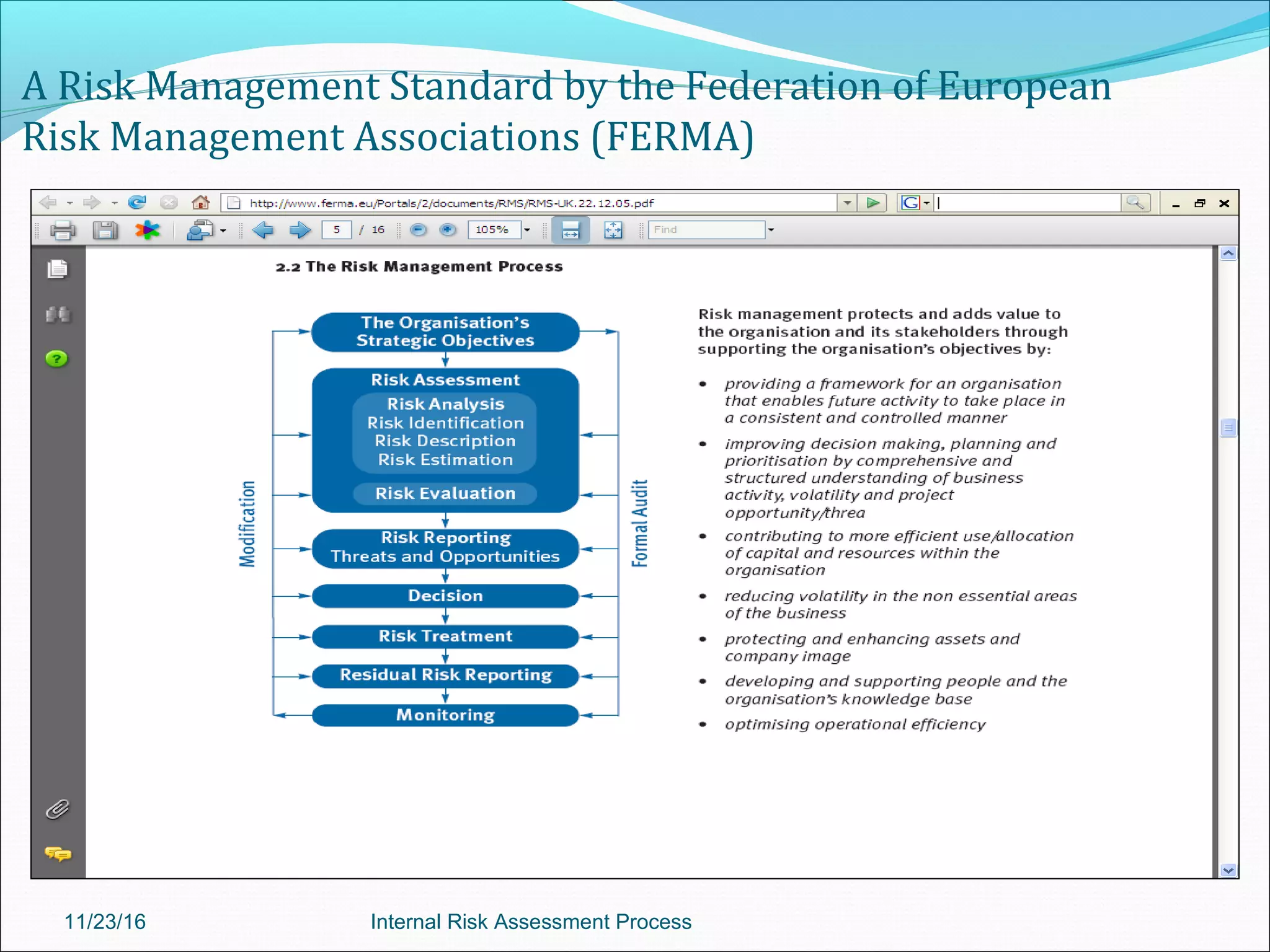 A Risk Management Standard by the Federation of European
Risk Management Associations (FERMA)
11/23/16 Internal Risk Assessment Process
 